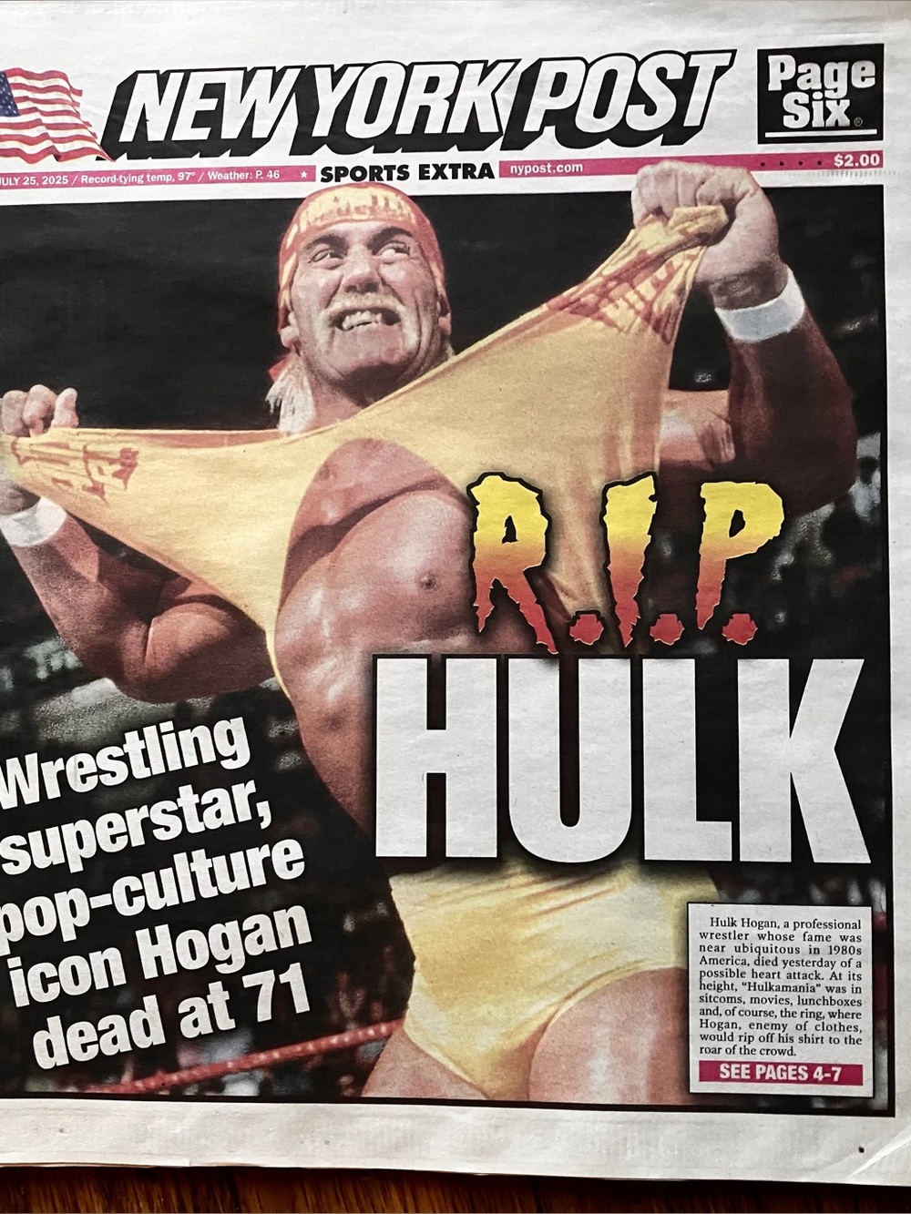 Brand new NY post newspaper 7/25/2025 hulk hogan dead at 71